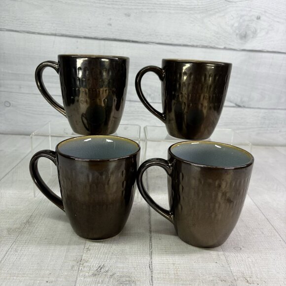 Food Network ANGELICA Blue Bronze Metallic Outside 16oz Stoneware Cup Mugs Set 4 - Picture 5 of 16